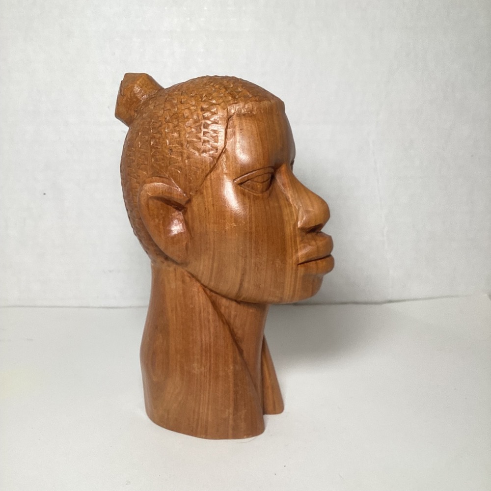 Vintage Hand Carved Wooden African Man Bust Sculpture 6.5" Folk Art Decor
